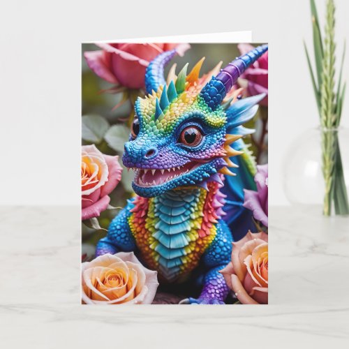 Baby Dragon with Roses I - 5x7 inch Notecard