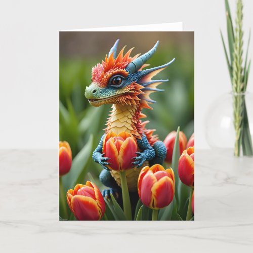 Baby Dragon with Tulips I - 5x7 inch Notecard
