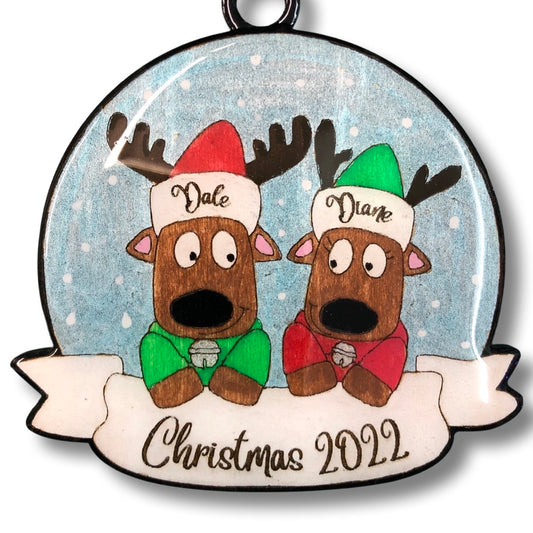 Personalized “Reindeer in Caps” Ornament for Singles and Opposite Sex Couple Families!