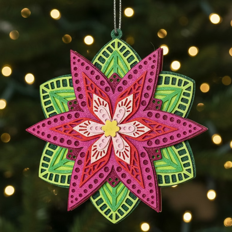 Happy Holidays: Fushia/Pinks Poinsettia “Paper-cut” Ornament